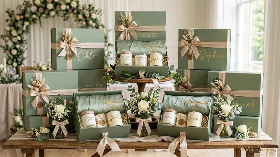 Setup flatlay hampers bridesmaid estetik dengan props linen dan bunga kering