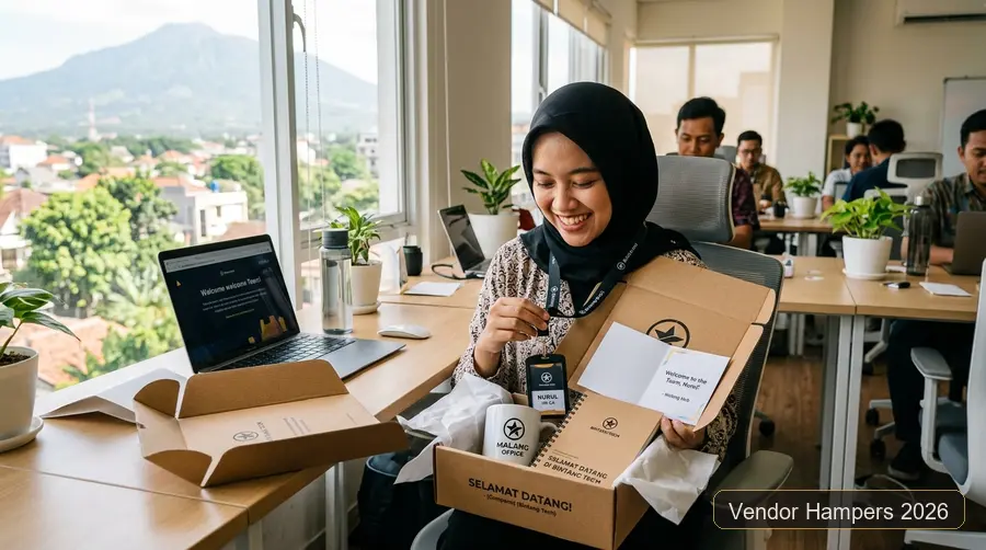 Karyawan baru membuka hampers hari pertama kerja di kantor Malang