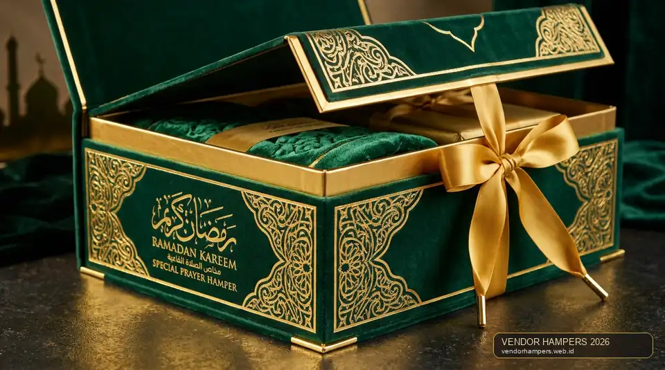 Kemasan hardbox beludru untuk hampers perlengkapan ibadah instansi