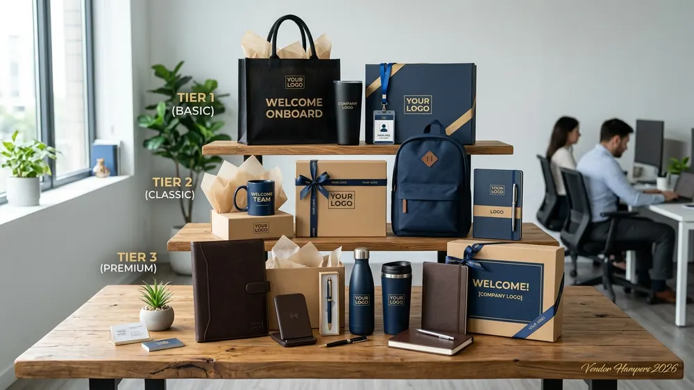 Infografis tiga tier harga hampers karyawan Malang dari mass gift sampai eksekutif