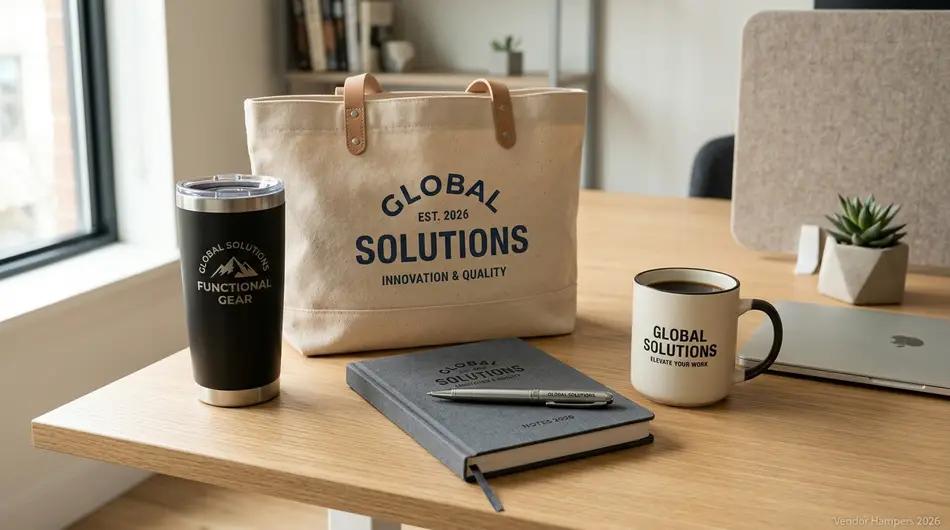 Isi paket merchandise kantor Denpasar berupa tumbler, totebag, notebook, dan mug custom logo