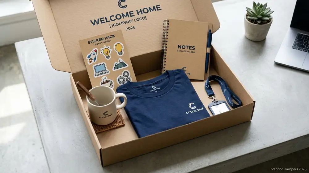 Flatlay kaos perusahaan, mug custom, dan stiker dalam satu welcome kit