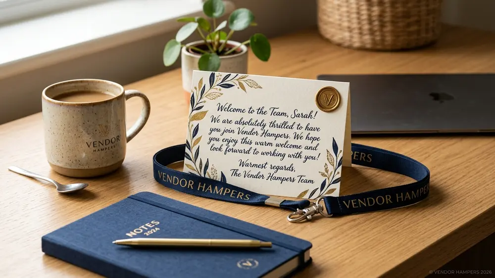 Kartu ucapan tulisan tangan untuk karyawan baru di atas lanyard dan mug