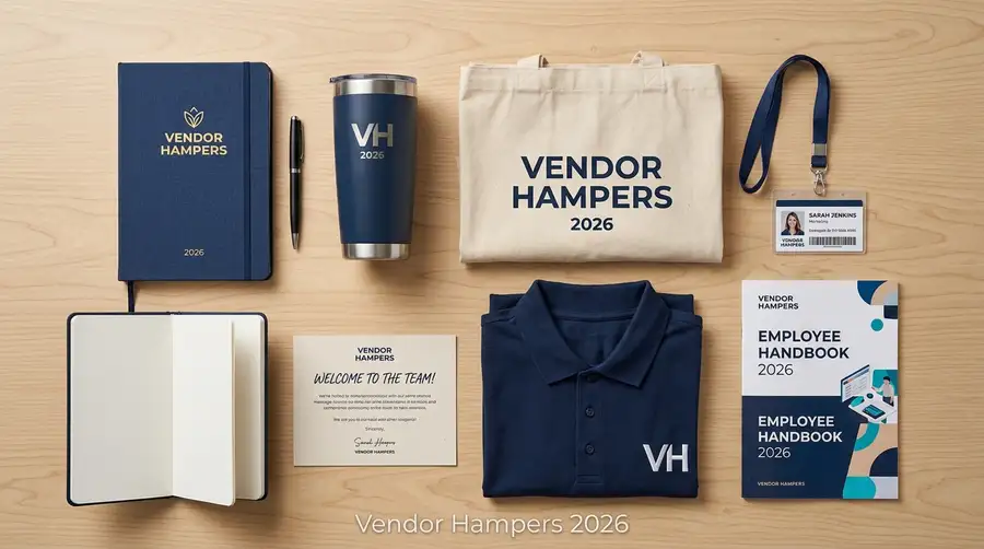 Onboarding kit karyawan baru berisi notebook, pulpen, tumbler, totebag, dan lanyard