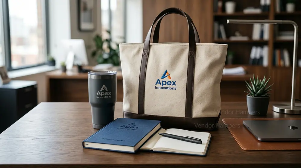 Paket merchandise kantor Denpasar berisi tumbler, totebag kanvas, dan notebook berlogo perusahaan
