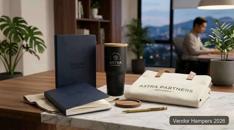 Teknik quiet branding custom logo pada notebook dan tumbler hampers event Bandung