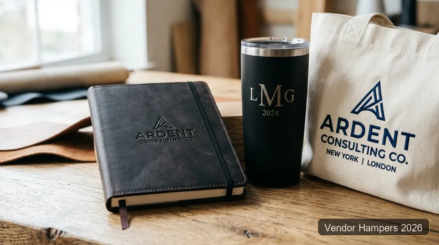 Penerapan teknik emboss notebook dan laser engraving tumbler untuk hampers event Bandung