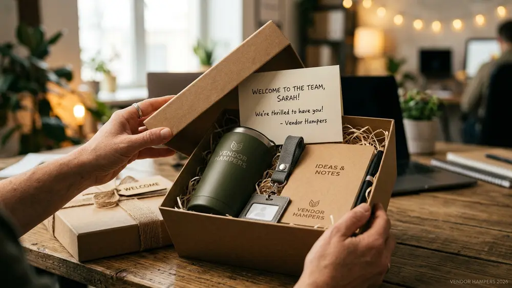 Momen unboxing welcome kit karyawan baru dalam kotak kraft dengan kartu ucapan